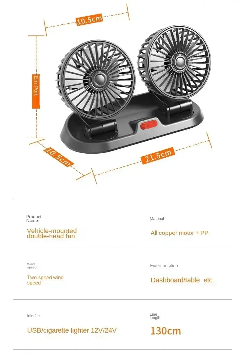 Dual Head Car Fan USB 12V 24V Adjustable