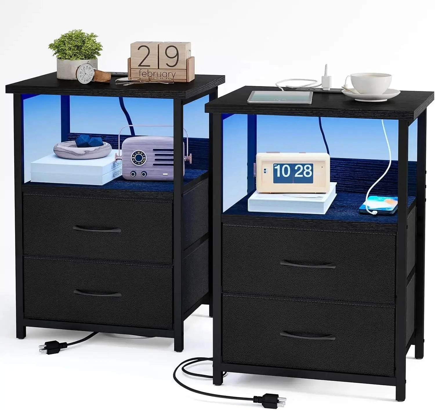 Nightstand Set of 2 Night Stand with Charging Station, LED Nightstand with Fabric Drawers, End Table with PU Finish, Bed Side Table - GiFTiFY