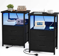 Nightstand Set of 2 Night Stand with Charging Station, LED Nightstand with Fabric Drawers