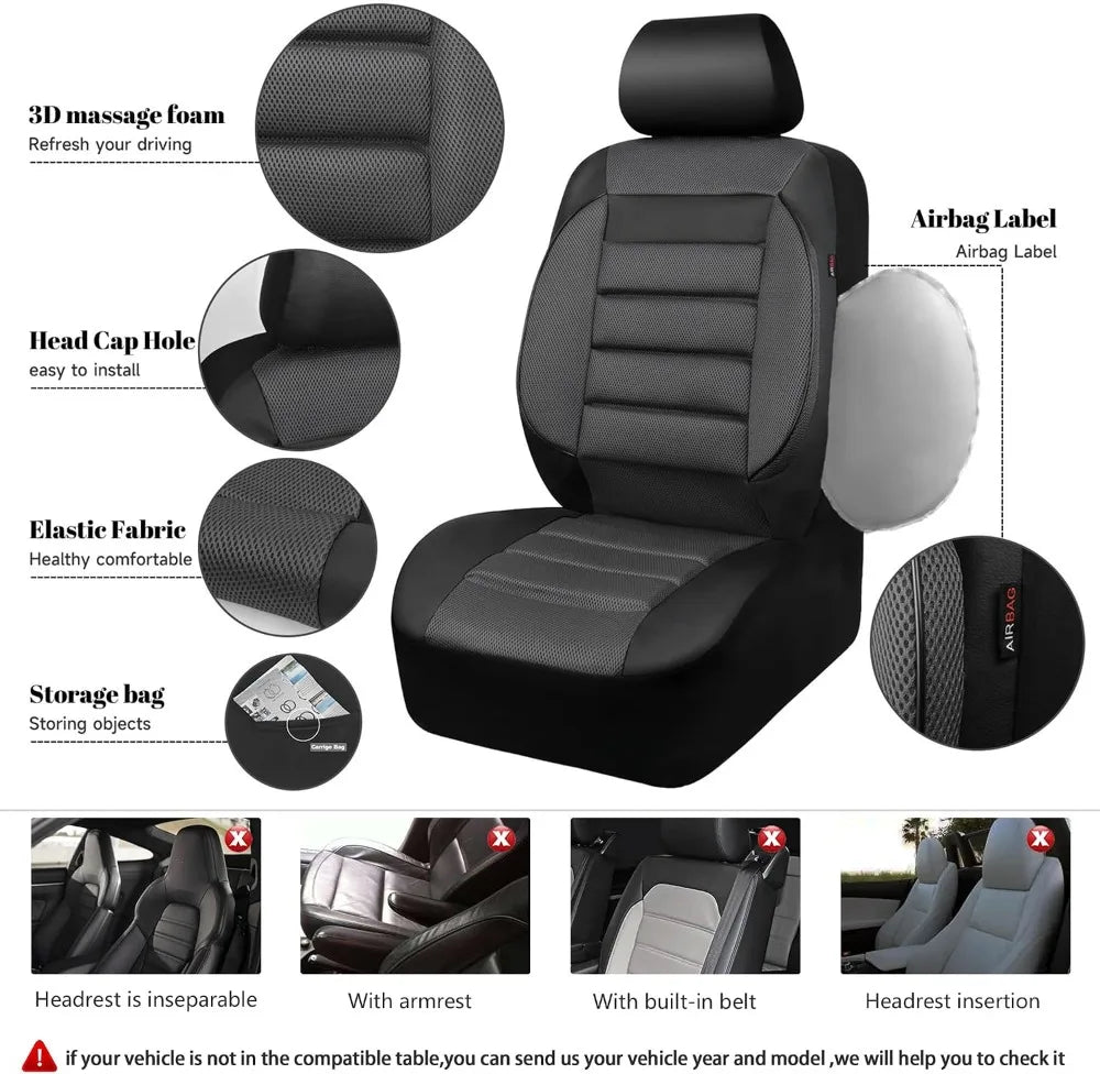 3D Foam Back Support Leather Car Seat Covers Full Set Air Mesh Automotive Seat Covers All Season Fit SUV Sedan Van Airbag Compatible Elegant Black Gray GiFiFY