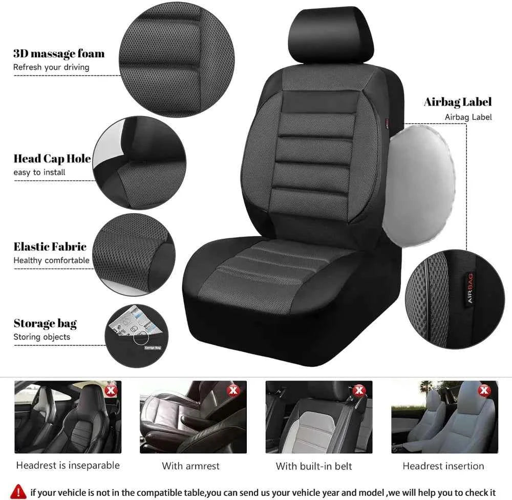 3D Foam Back Support Leather Car Seat Covers Full Set Air Mesh Automotive Seat Covers All Season Fit SUV Sedan Van Airbag Compatible Elegant Black Gray by GiFiFY