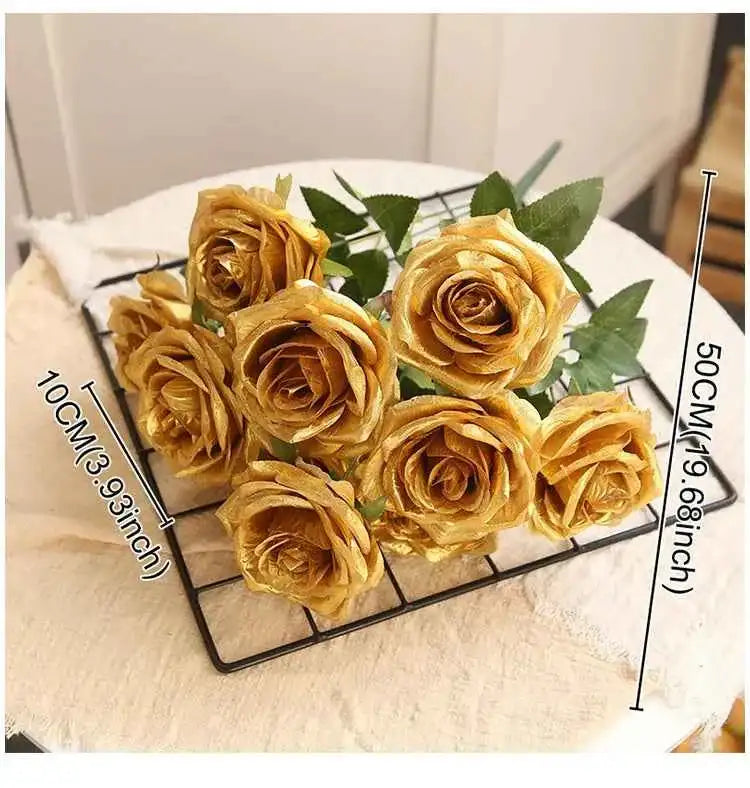 10/1 Heads Golden Silver Rose Artificial Flower DIY Wedding Floral Arrangement Material Silk Bridal Bouquet Photo Prop Home Deco by DSERS