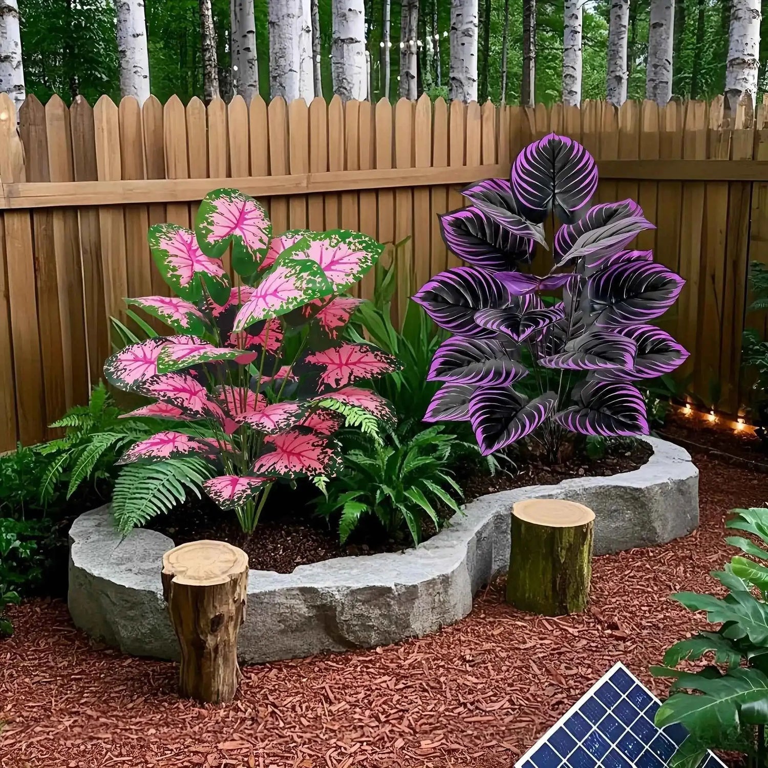 Set of 2 Artificial Caladium Plants with Purple Pink Leaf Faux Bonsai Plant