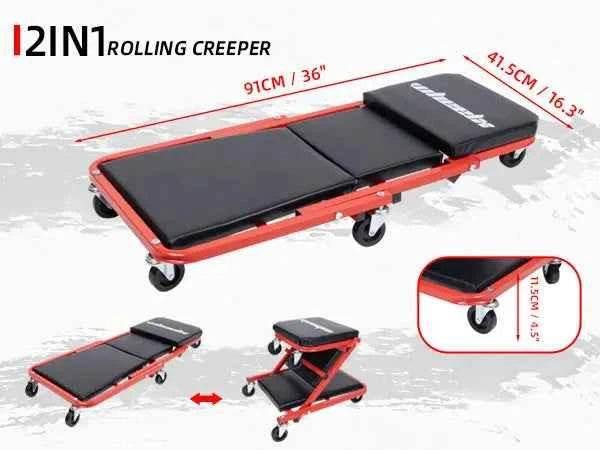 3-in-1 Rolling Mechanic Creeper Z Seat, Foldable Garage Chair Lay Down Sit Lean Back, Under Car Shop Auto Repair, Red Black - GiFTiFY