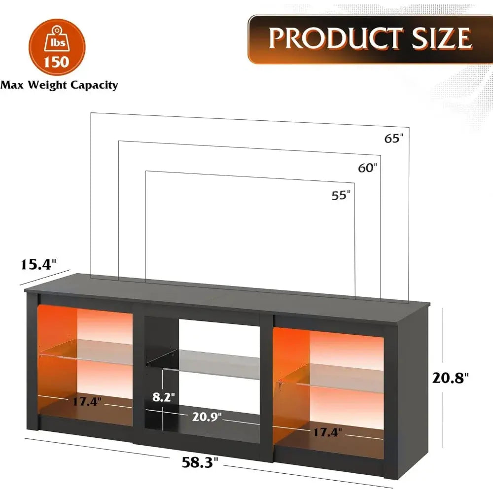 LED TV Stand for 65-Inch TV, 58-Inch Entertainment Center with Adjustable Glass Shelves, Modern Media Console for Living - GiFTiFY