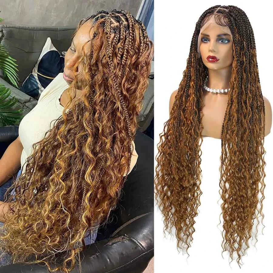 Synthetic Blonde Goddess Boho Box Braided Wigs For Women Braided Full Lace Wig With Curly Hair Ends Big Part Knotless Box Braids