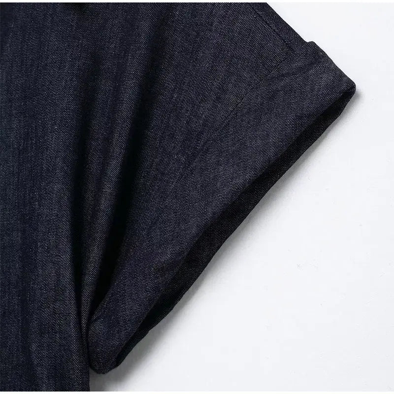 Women Denim V-neck Short Sleeved Long Dress Chic Slim Fit Single Breast Slit Vestidos New High Street Casual Solid