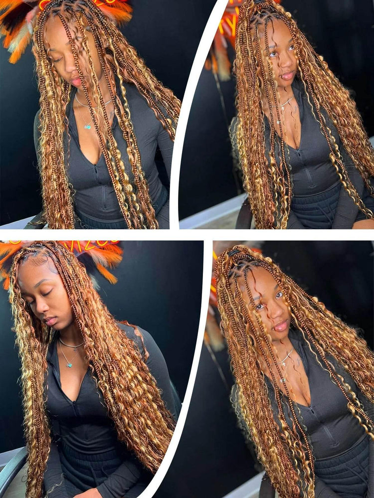 Boho Knotless Braided Wigs Synthetic Full Lace Braids With Curly Hair Ends Goddess Ombre Blonde Box Braided Wigs With Baby Hair - GiFTiFY