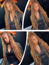 Synthetic Blonde Goddess Boho Box Braided Wigs For Women Braided Full Lace Wig With Curly Hair Ends Big Part Knotless Box Braids - GiFTiFY