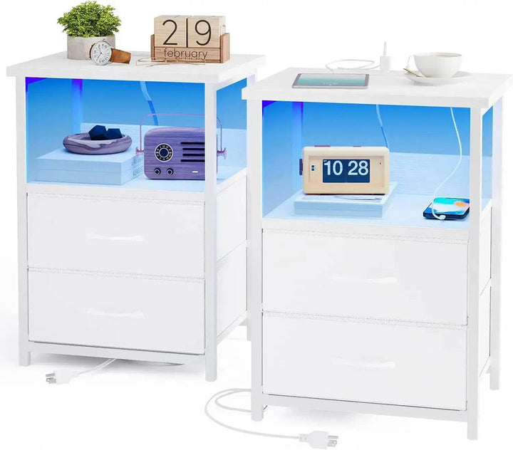 Nightstand Set of 2 Night Stand with Charging Station, LED Nightstand with Fabric Drawers, End Table with PU Finish, Bed Side Table - GiFTiFY