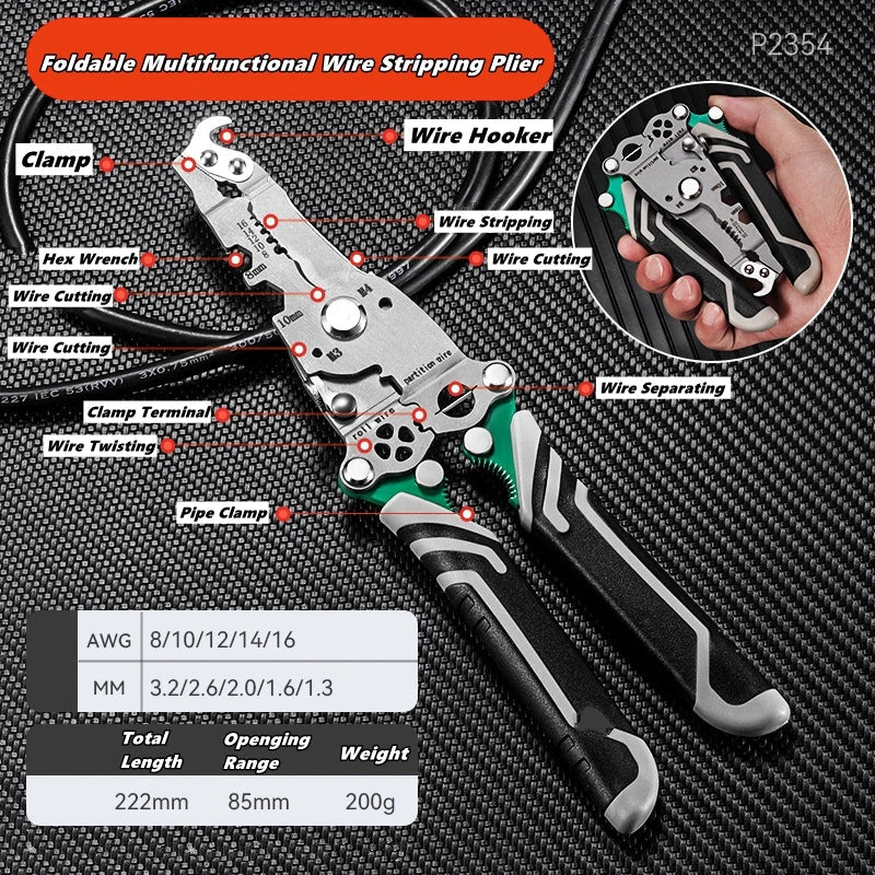 Multifunctional Wire Stripper with Electrical Test Pen Foldable Cable Cutter Crimper Tool, Electrical Folding Pliers for Cutting GiFTiFY