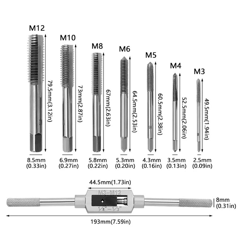 M3-M12 8/6 PCS Metric Hand Tap Set HSS Right-handed Tapping Drill Thread Punching Wrench Hand Tools Male to Make Thread in Steel GiFTiFY