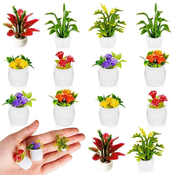 14pcs Doll House Plants Mini Bonsai Green Leaf Plants Flower Models Fake Green Decorations Christmas Gift Dollhouse Furniture