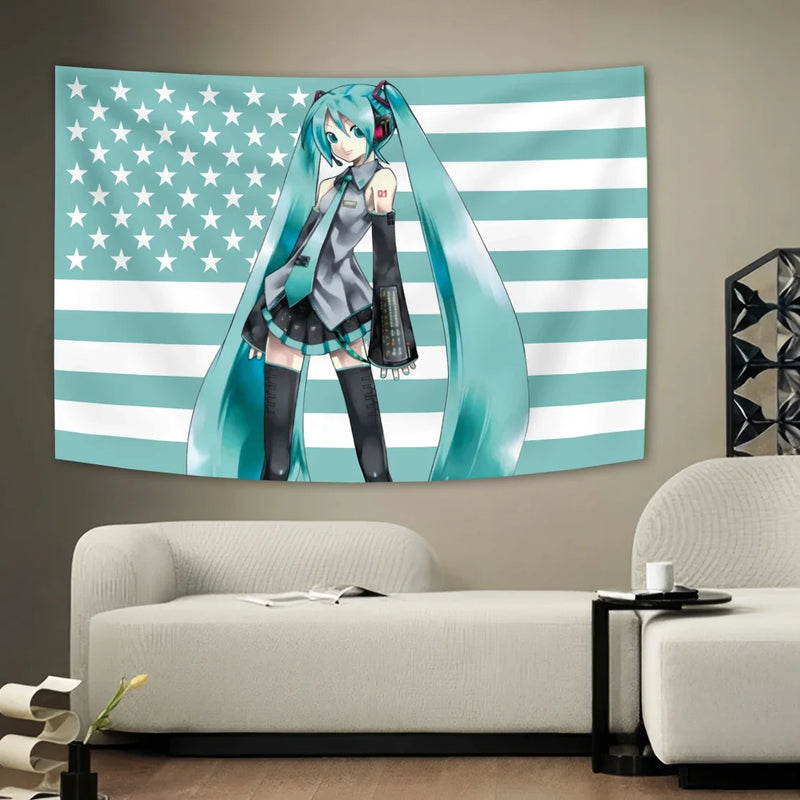 Anime Hatsune Miku American Flag Background Decoration Tapestry Dormitory Bedhead Tapestry Living Room Sofa Background Tapestry wall decore by DSERS