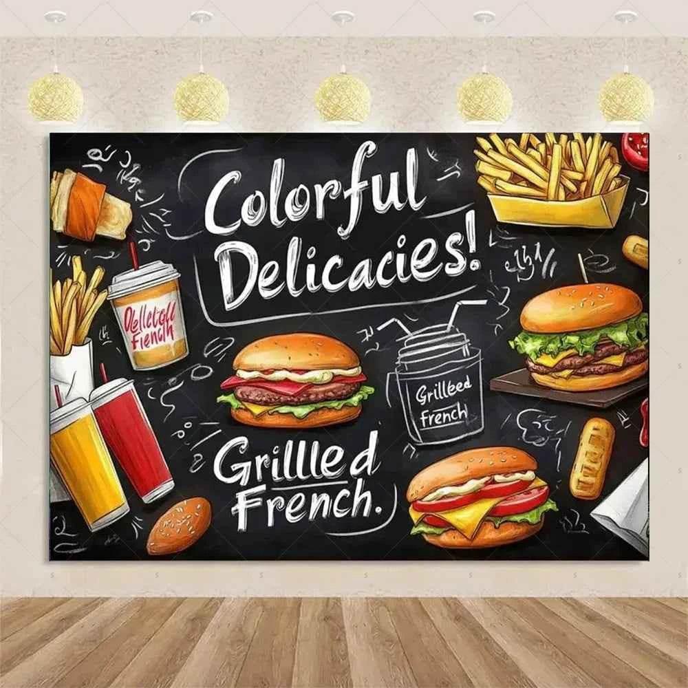 Quick Food Theme Birthday Party Decoration Hamburger French Fries Pizza Background Banner Photography Backdrop Supplies Kid Gift - GiFTiFY