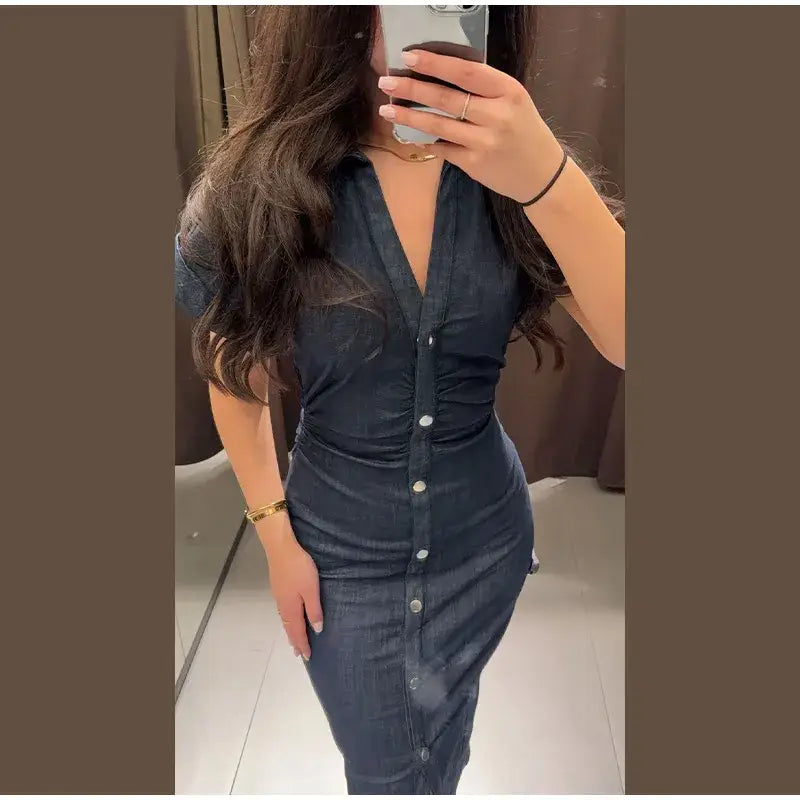 Women Denim V-neck Short Sleeved Long Dress Chic Slim Fit Single Breast Slit Vestidos New High Street Casual Solid