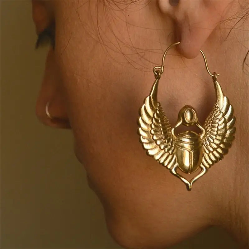 Vintage Egyptian Inspired Designs Sacred Wings Scarab Large Hoops Earrings Gypsy Tribal Women Gold Color Earrings Party
