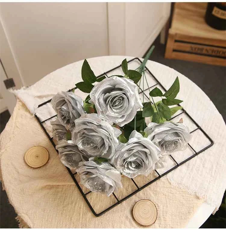 10/1 Heads Golden Silver Rose Artificial Flower DIY Wedding Floral Arrangement Material Silk Bridal Bouquet Photo Prop Home Deco