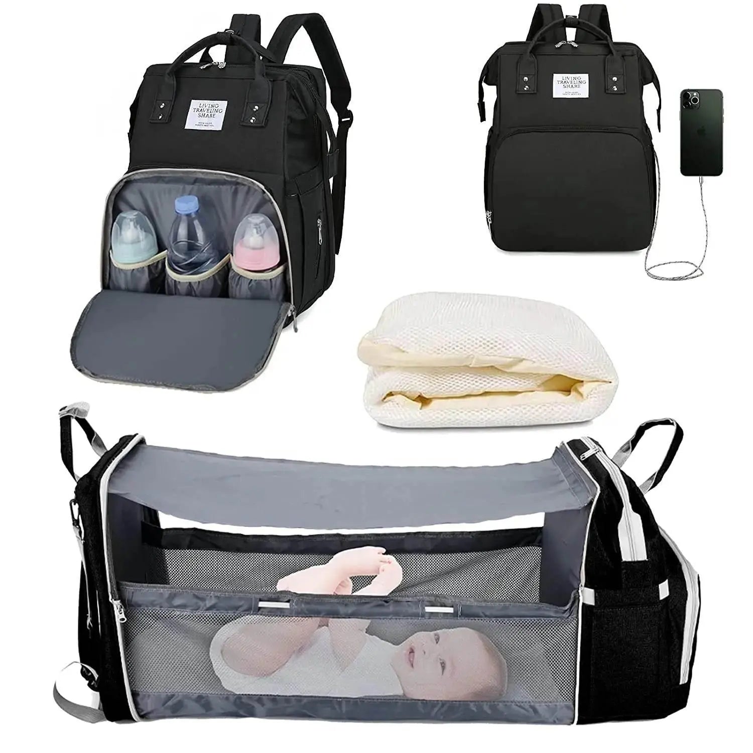 3 In 1 Diaper Bag Backpack Foldable Baby Bed Waterproof Travel Bag with USB Charge Diaper Bag Backpack with Changing Bed 3 types Diaper Bag Backpack by DS