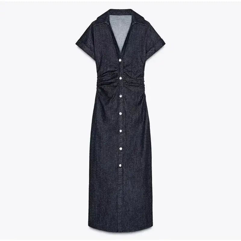 Women Denim V-neck Short Sleeved Long Dress Chic Slim Fit Single Breast Slit Vestidos New High Street Casual Solid