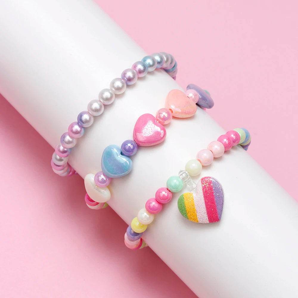 3-Pack Girls Heart Charm Beaded Bracelets Set