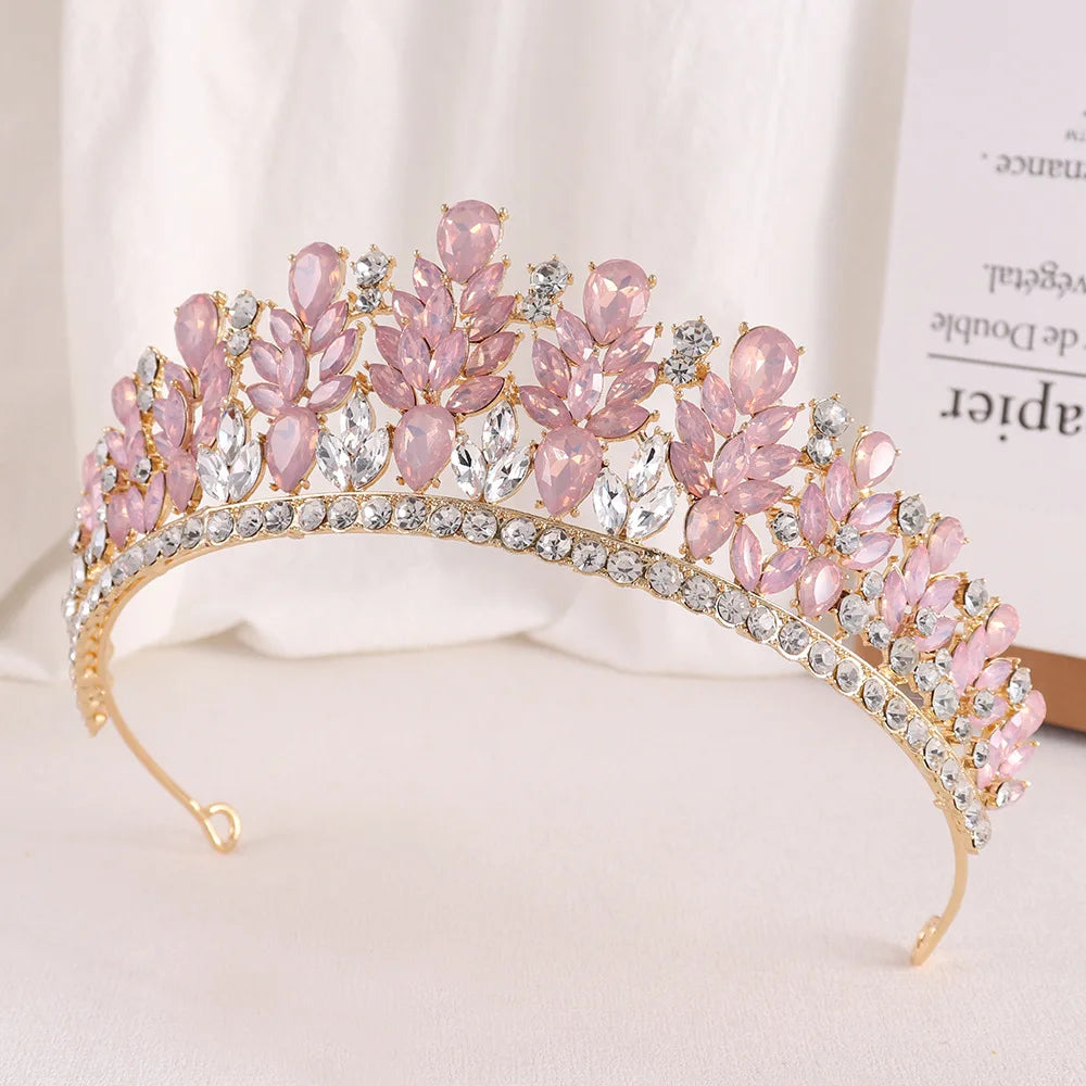 Baroque Green Pink Opal Wedding Headband Crystal Bridal Crown Tiara Hair Jewelry Accessories Women Rhinestone Royal Queen Diadem DSERS