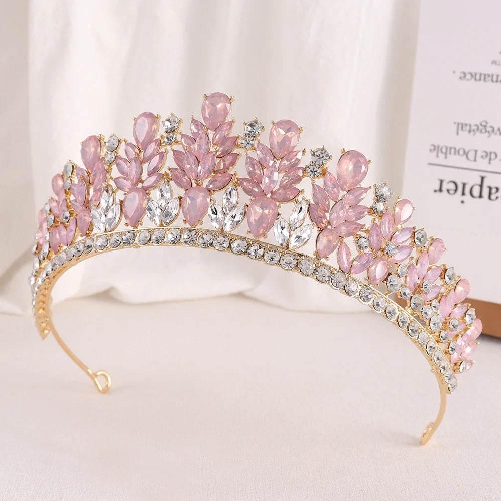 Baroque Green Pink Opal Wedding Headband Crystal Bridal Crown Tiara Hair Jewelry Accessories Women Rhinestone Royal Queen Diadem - GiFTiFY