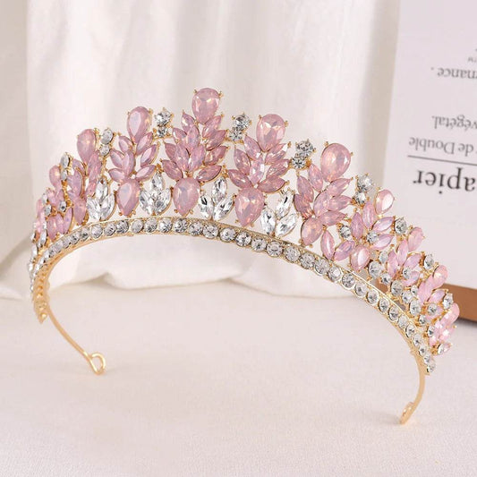 Baroque Green Pink Opal Wedding Headband Crystal Bridal Crown Tiara Hair Jewelry Accessories Women Rhinestone Royal Queen Diadem DSERS