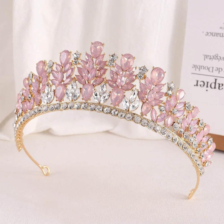 Baroque Green Pink Opal Wedding Headband Crystal Bridal Crown Tiara Hair Jewelry Accessories Women Rhinestone Royal Queen Diadem - GiFTiFY