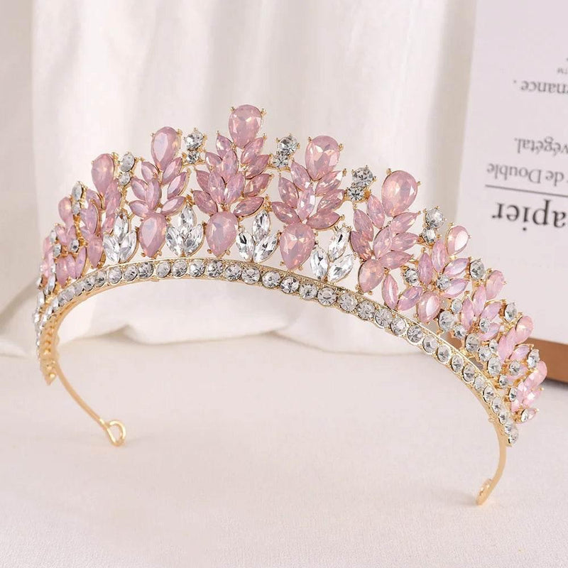Baroque Green Pink Opal Wedding Headband Crystal Bridal Crown Tiara Hair Jewelry Accessories Women Rhinestone Royal Queen Diadem Tiaras by DSERS