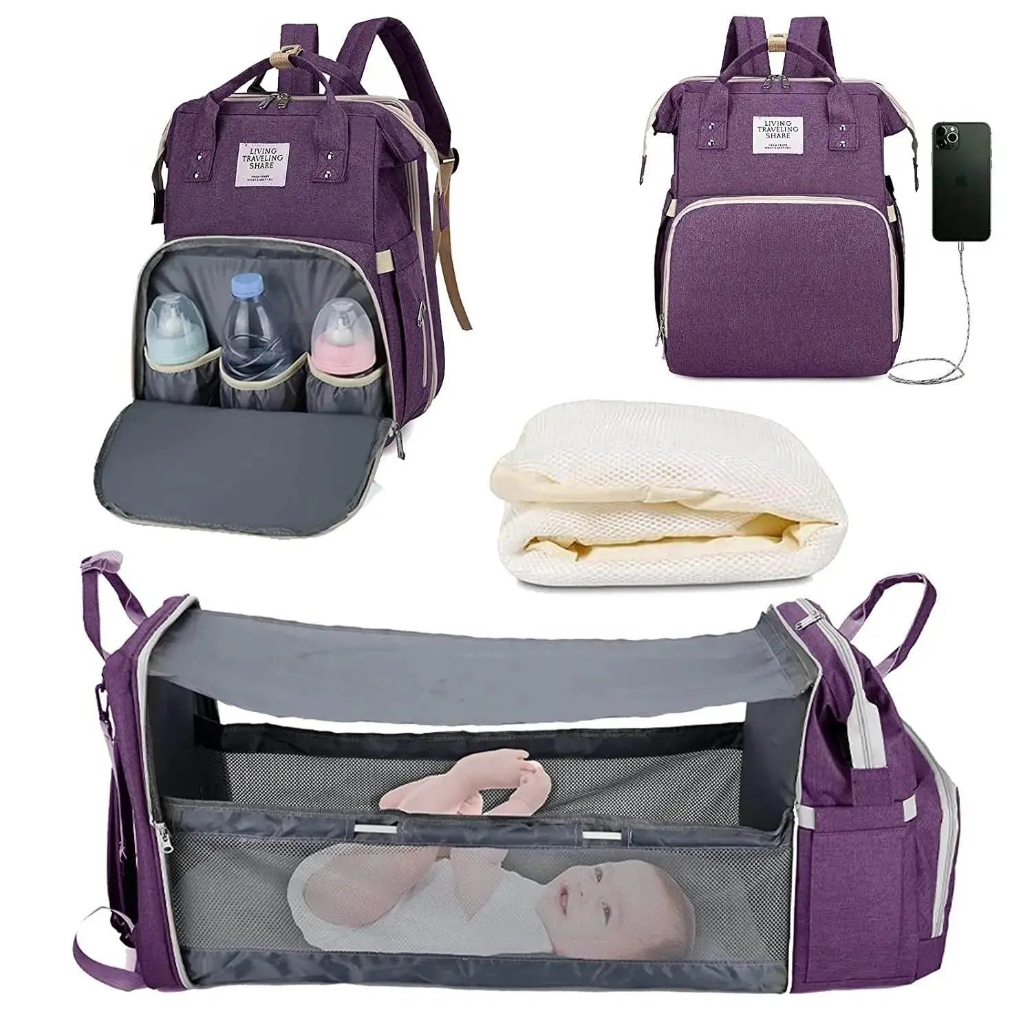 3 In 1 Diaper Bag Backpack Foldable Baby Bed Waterproof Travel Bag with USB Charge Diaper Bag Backpack with Changing Bed 3 types - GiFTiFY