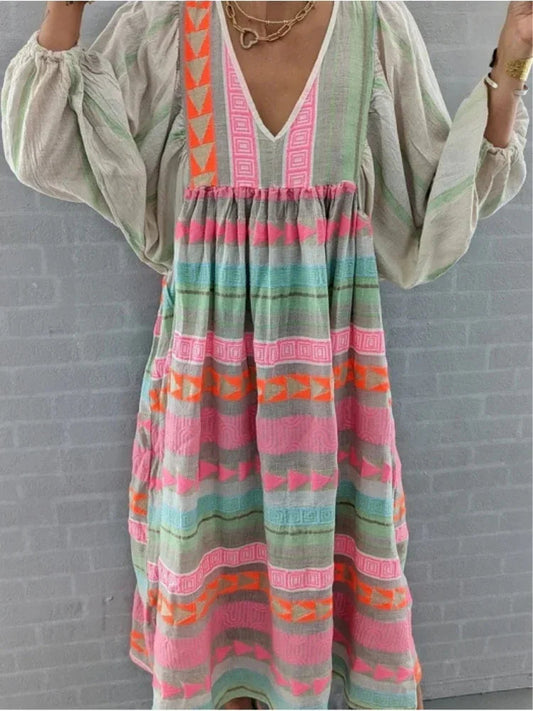 New Strip Printed Women's Maxi Dresses Summer Autumn Fashion Casual High Waist Puff Sleeve Loose Dresses Womens Clothing DSERS