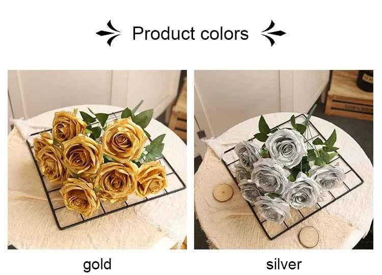 10/1 Heads Golden Silver Rose Artificial Flower DIY Wedding Floral Arrangement Material Silk Bridal Bouquet Photo Prop Home Deco