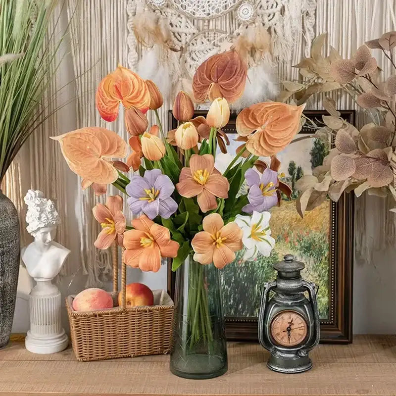 10Pc/lot PU Artificial Flowers Anthurium Bridal Bouquet Wedding Decoration Fake Palm Flowers Home Party Table Floral Arrangement