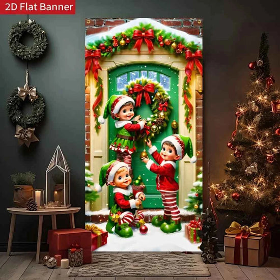 2D door signs, Christmas fairy doors, holiday door curtain flags, family front door signs, porch garden decorations
