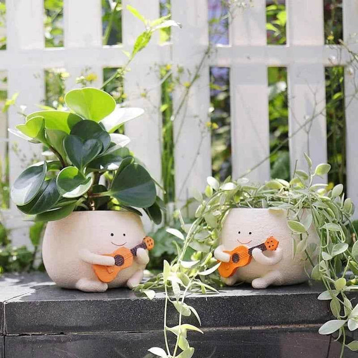Smily Face Planter Pot With Drainage Hole Cute Resin For String Of Plant Unique Guitar Succulent Pots For Indoor - GiFTiFY