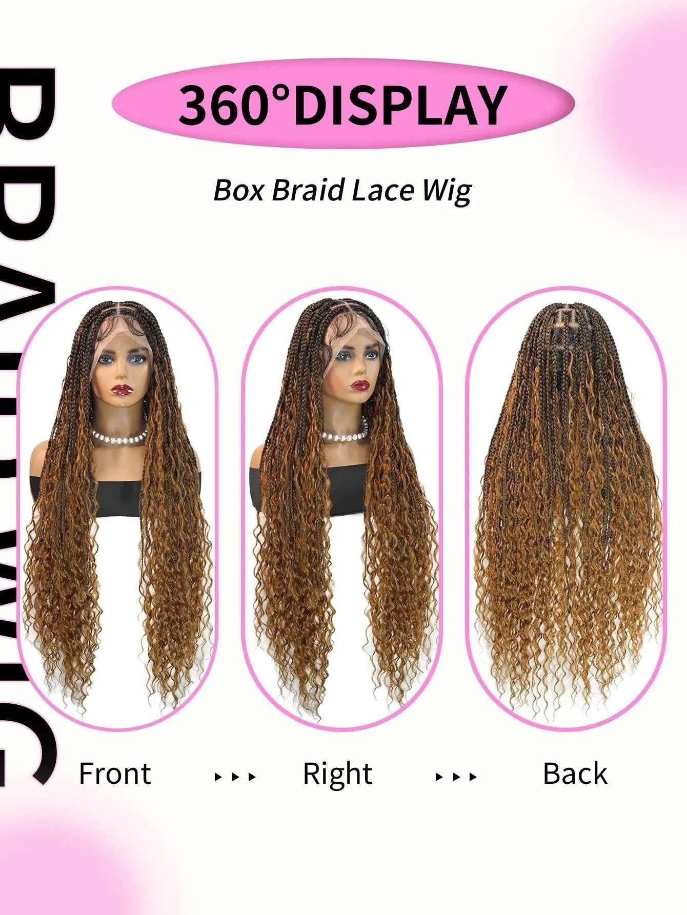 Synthetic Blonde Goddess Boho Box Braided Wigs For Women Braided Full Lace Wig With Curly Hair Ends Big Part Knotless Box Braids - GiFTiFY
