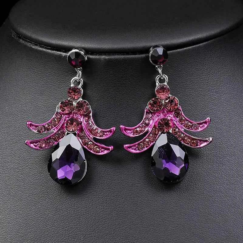 Luxury Purple Crystal Flower Jewelry Set for Women Rhinestone Stud Earrings & Necklace Wedding Party Accessory Bridal Gift by George Black