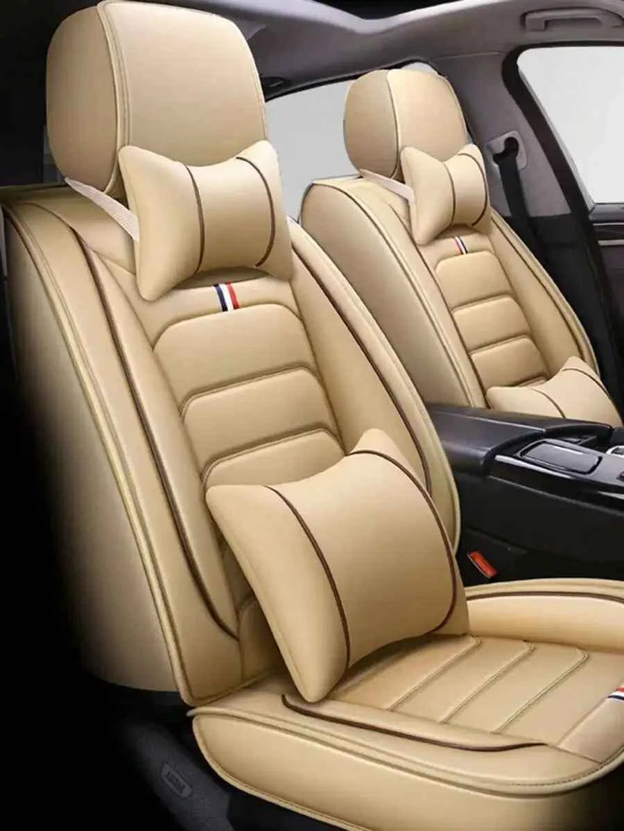 5-Piece Universal Car Seat Covers Set Beige PU Leatherette With Neck Lumbar Pillows All Season by GiFiFY