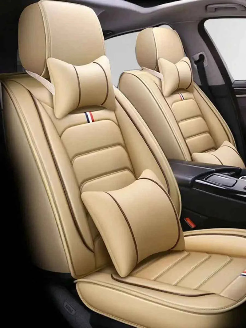 5-Piece Universal Car Seat Covers Set Beige PU Leatherette With Neck Lumbar Pillows All Season by GiFiFY