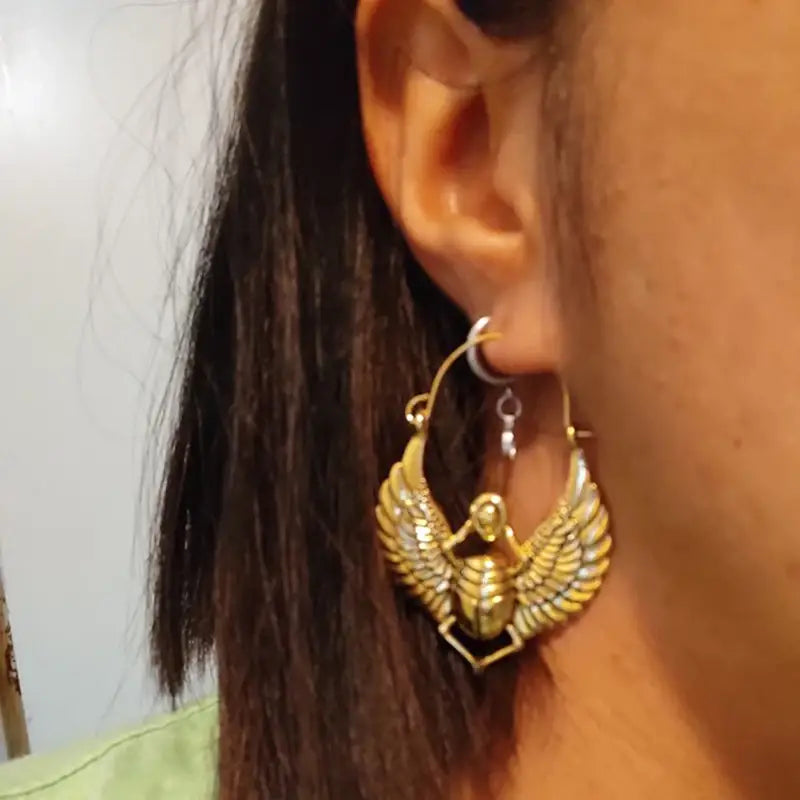 Vintage Egyptian Inspired Designs Sacred Wings Scarab Large Hoops Earrings Gypsy Tribal Women Gold Color Earrings Party