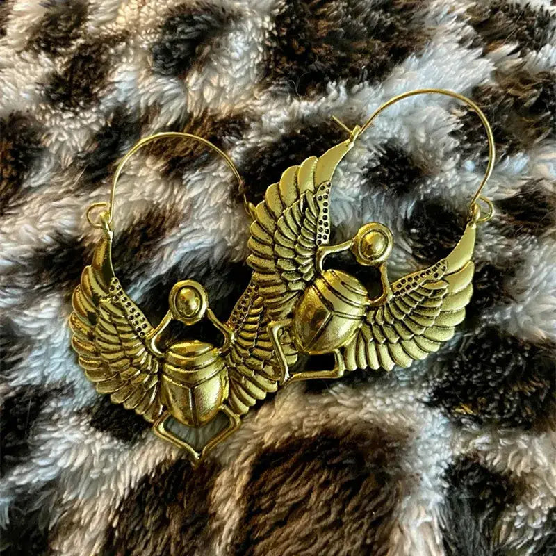 Vintage Egyptian Inspired Designs Sacred Wings Scarab Large Hoops Earrings Gypsy Tribal Women Gold Color Earrings Party