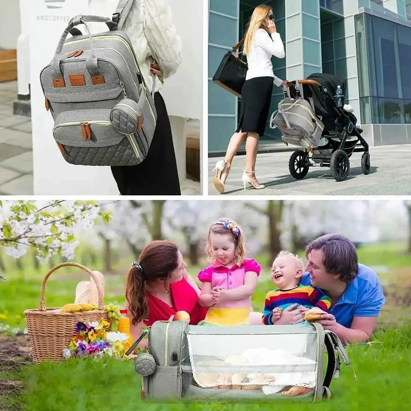 3 In 1 Diaper Bag Backpack Foldable Baby Bed Waterproof Travel Bag with USB Charge Diaper Bag Backpack with Changing Bed 3 types Diaper Bag Backpack by DS