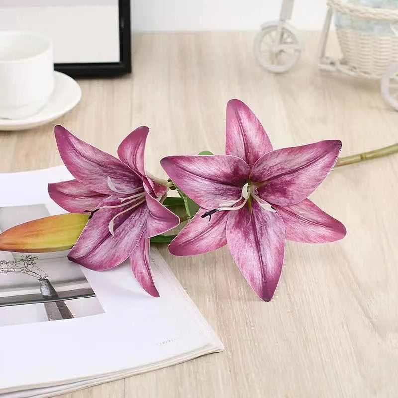 3Heads Artificial Flowers Lily Real Touch Fake Flowers for Wedding Home Party Garden Office Decoration Plastic Lily Faux Flowers by DSERS