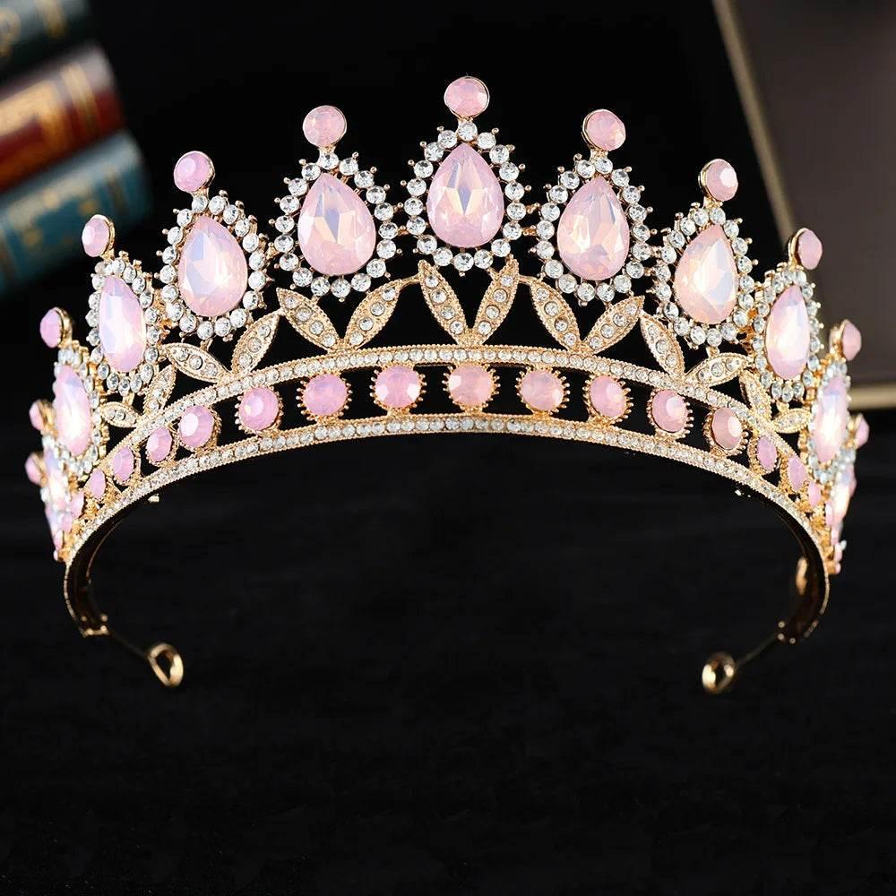 Baroque Luxury Silver Color Pink Opal Crystal Bridal Tiaras Crown Rhinestone Pageant Diadem Headpieces Wedding Hair Accessories Tiaras by DSERS