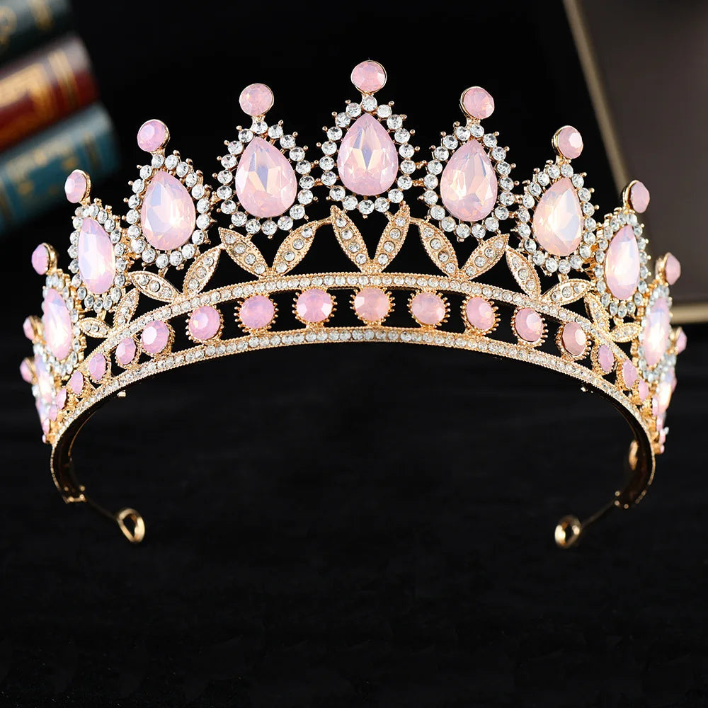 Baroque Luxury Silver Color Pink Opal Crystal Bridal Tiaras Crown Rhinestone Pageant Diadem Headpieces Wedding Hair Accessories GiFTiFY