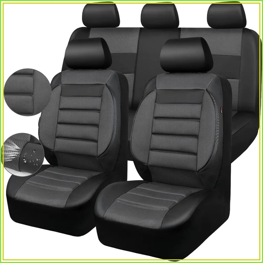 3D Foam Back Support Leather Car Seat Covers Full Set Air Mesh Automotive Seat Covers All Season Fit SUV Sedan Van Airbag Compatible Elegant Black Gray GiFiFY