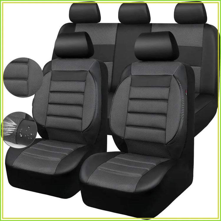 3D Foam Back Support Leather Car Seat Covers Full Set Air Mesh Automotive Seat Covers All Season Fit SUV Sedan Van Airbag Compatible Elegant Black Gray GiFiFY