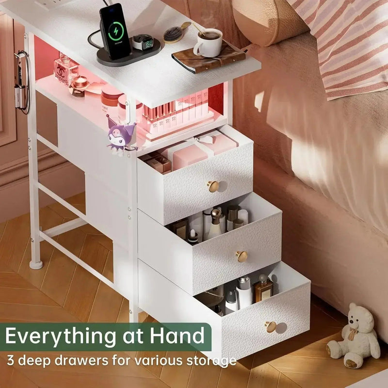End Table with Charging Station, Narrow Side Table with 3 Fabric Drawers and Shelf, Skinny Nightstand with LED Light, Slim Table Nightstands by DSERS