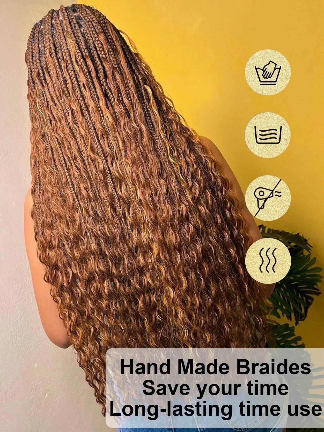 Boho Knotless Braided Wigs Synthetic Full Lace Braids With Curly Hair Ends Goddess Ombre Blonde Box Braided Wigs With Baby Hair - GiFTiFY